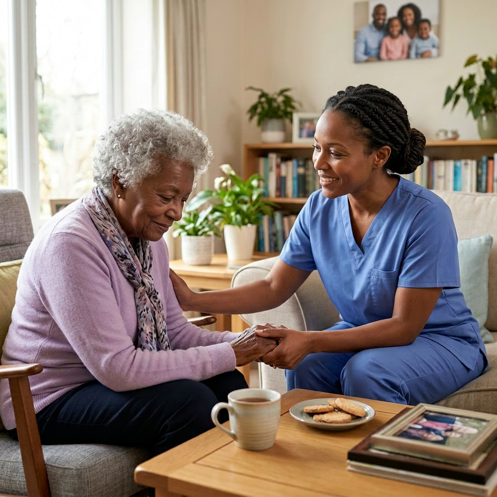 Caregiver holding hands with elderly woman, offering comfort in a living room