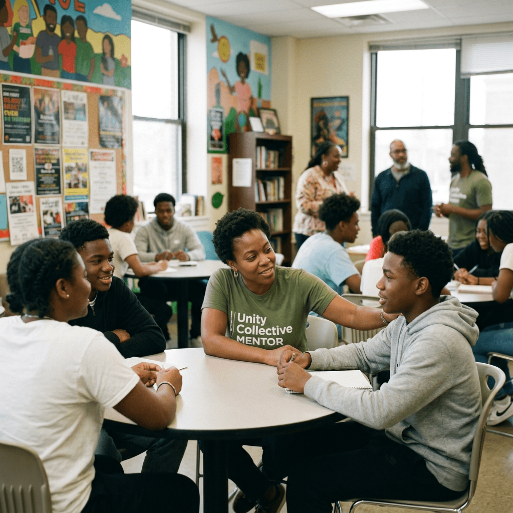 Mentor wearing Unity Collective shirt talks and comforts student at classroom table with other students nearby