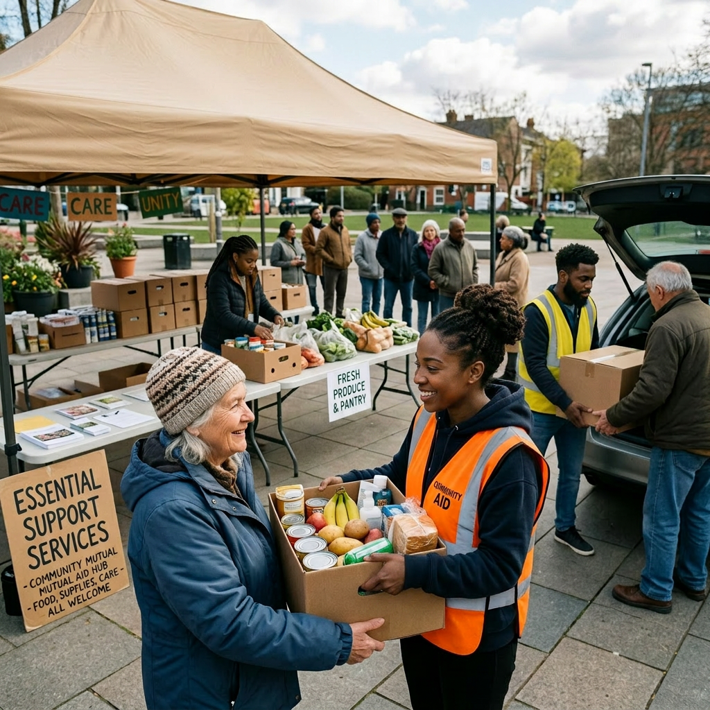 Volunteers handing boxes of food supplies to people at an outdoor community aid event