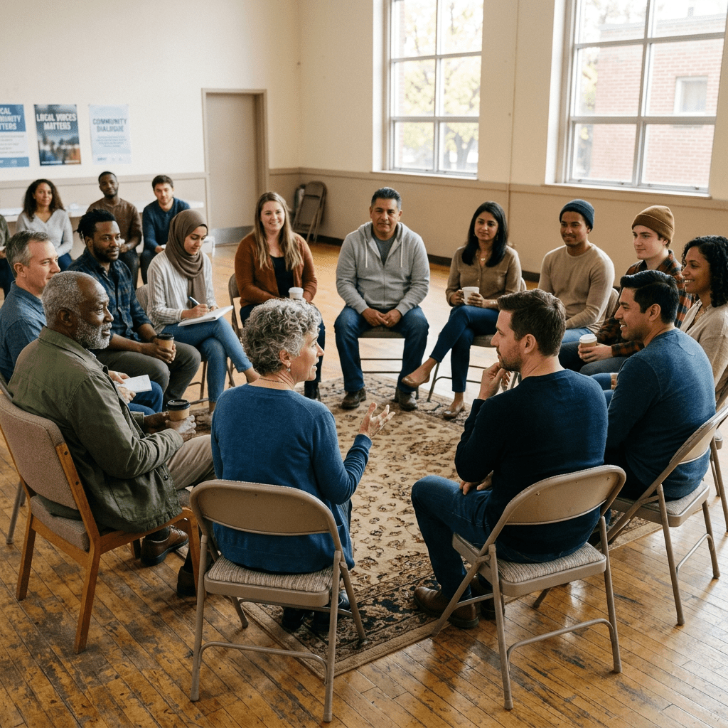 Diverse individuals seated in a circle engaged in a group discussion