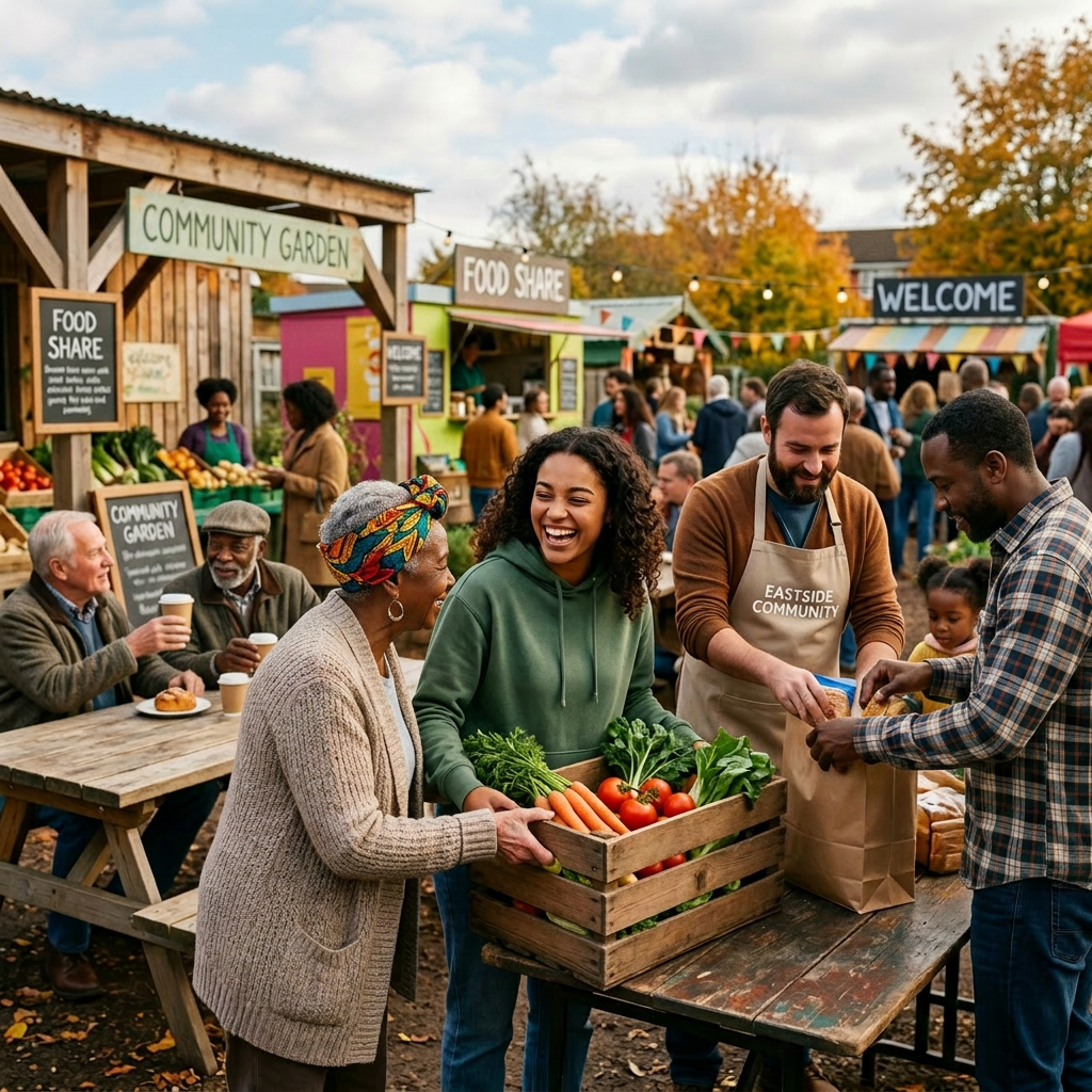People sharing fresh vegetables and bread at a community garden food share event outdoors