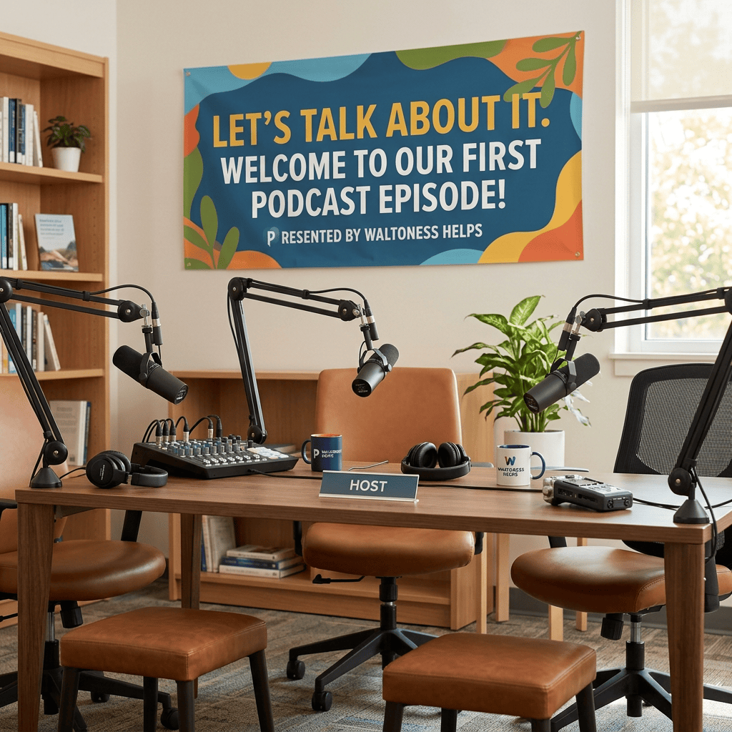 Podcast studio with microphones and sign reading “Let’s Talk About It”